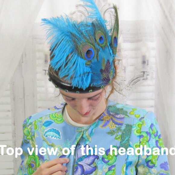 Deco inspired headband, 20s Flapper style, Peacock, blue, teal feathers on black - Picture 10 of 12